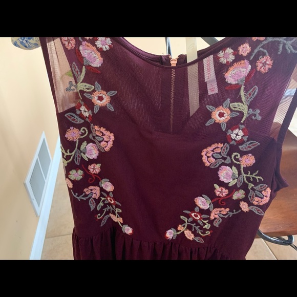 Xhilaration Large Maroon Dress with net and embroidery. Lovely! Worn once - Picture 2 of 11